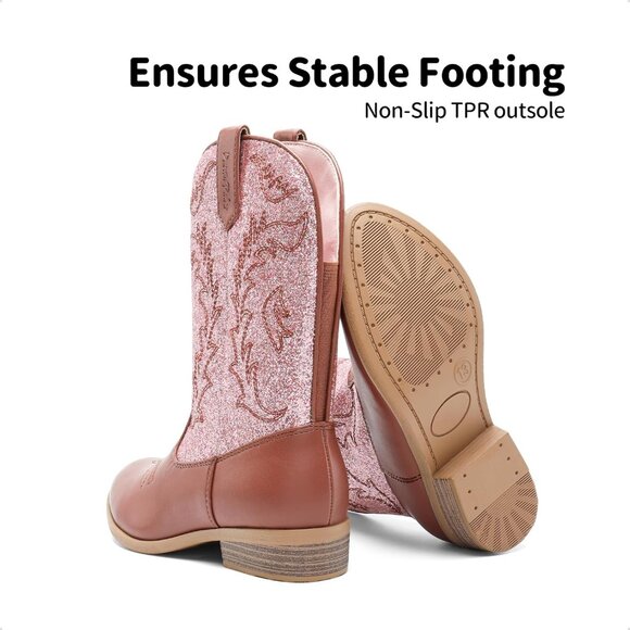 Kids Pink/Brown Cowgirl Boots Girls Cowboy Western Mid Calf Pull-On Riding Boots - Picture 6 of 6